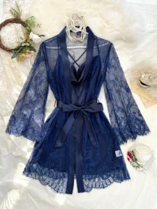Sexy Elegant Pure Color Mesh Nightgown Set Transparent Lace Robe Sleepwear Casual Comfortable Women's pajamas