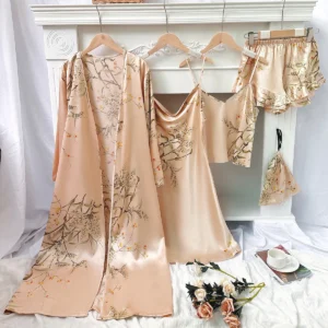 5pcs Floral Print Long Sleeve Robe Cami Dress Cami Top Ruffle Hem Shorts Simple Pajamas Sets for Women