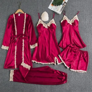 2025 Luxury Satin Pajama Set 5 Pcs Women's Silky Sleepwear Lace Trim Robe Nightgown Cami Shorts Pants Elegant Loungewear New Hot