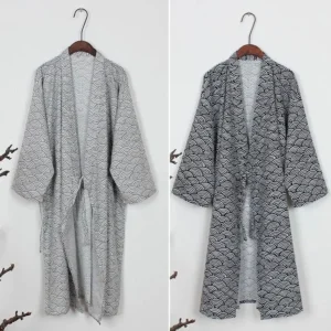 Nightdress V-Neck Men's Kimono Bathrobe Loose Long Sleeve Kimono Pajamas Thin Print Men's Hooded Robe for Spa