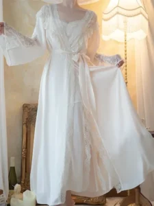 New Female Long Robe Nightgown Set Sexy Lace Trim Sleepwear Suspender Nightdress Spring Summer Casual Satin Home Dress Bathrobe