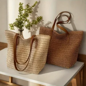Fashionable and Versatile Women's Woven Bag with Zipper for Travel, Large Capacity Beach Bag, Handbag
