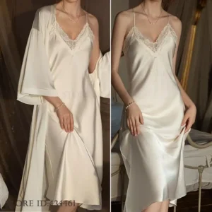 Plus Size Long 2PCS Robe Nightgown Set Pajama Elegant Kimono Bathrobe Gown Sleepwear Summer Sexy Women's Homewear Loungewear